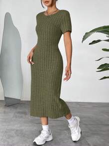 SHEIN EZwear 橄榄绿色针织女式紧身连衣裙 - 軍綠色 - 查看 4