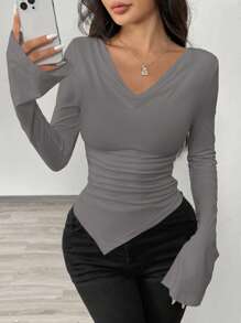 Zielony Women Draped Neck Solid Color Long Sleeve Knit Top With Asymmetrical Hemline Fall Cloth For Women - Light Grey - View 6