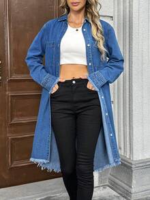 Women's Mid-Length Fringed Denim Jacket, Spring & Autumn - Dark Wash - View 6