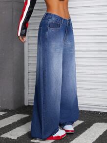 SHEIN ICON 女式简约纽扣前口袋低腰洗水牛仔裤 - 深色水洗藍 - 查看 4