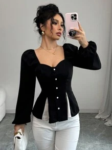 Chiquease Blusa elegante de manga larga con panel de colores en bloque, adecuada para todas las estaciones - Negro - Ver 3