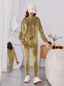 2pcs Set : Teens Girls Street Fashion Casual Party Velvet Top & Long Pants Outfit