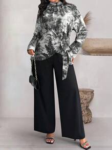 SHEIN Clasi 2pcs/Set Plus Size Stand Collar Long Sleeve Printed Top And Full Length Pants - Black and White - View 4