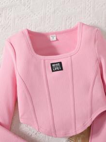 Tween Girls Sweet Sporty Solid Color Crew Neck Long Sleeve Top And Flared Pants Set