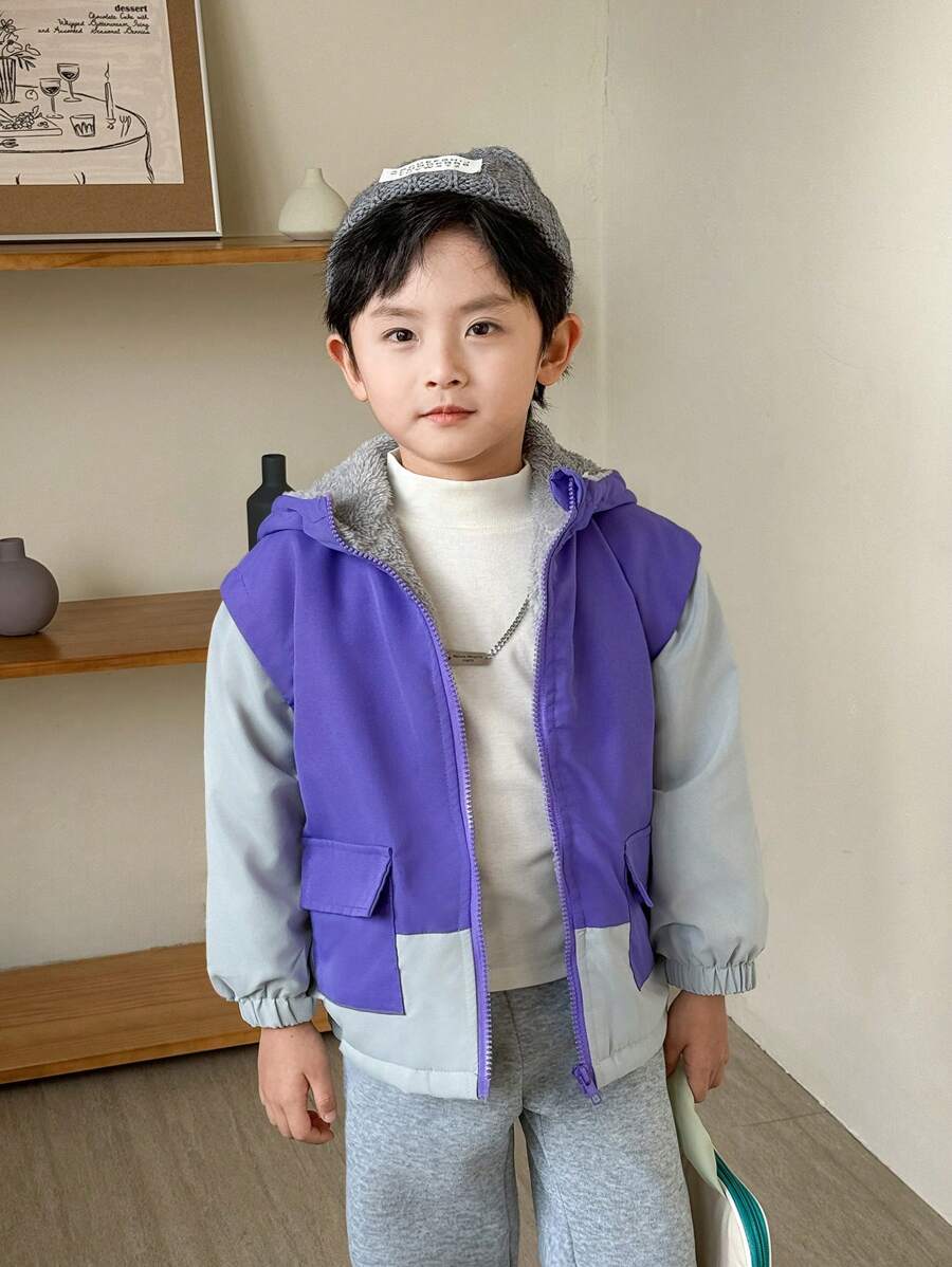 SHEIN Giacca invernale da ragazzo casual, tutto-fiammifero, da città, con cappuccio, stile da montagna, con due tonalità di grigio e viola, foderata termicamente, adatta per uso all'aperto, sport e utilizzo quotidiano - Multicolore - Visualizzare 1