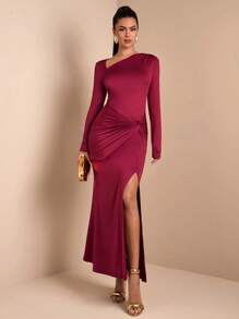 SHEIN BAE Women's Burgundy Asymmetric Shoulder Long Sleeve Twist Waist High Slit Bodycon Dress, Suitable For Holiday Dresses, Christmas Outfits, Christmas Party Dresses, Romantic Dates, Gatherings, Formal Events, Night Out, Bridesmaid Mini Dress - Red - View 4