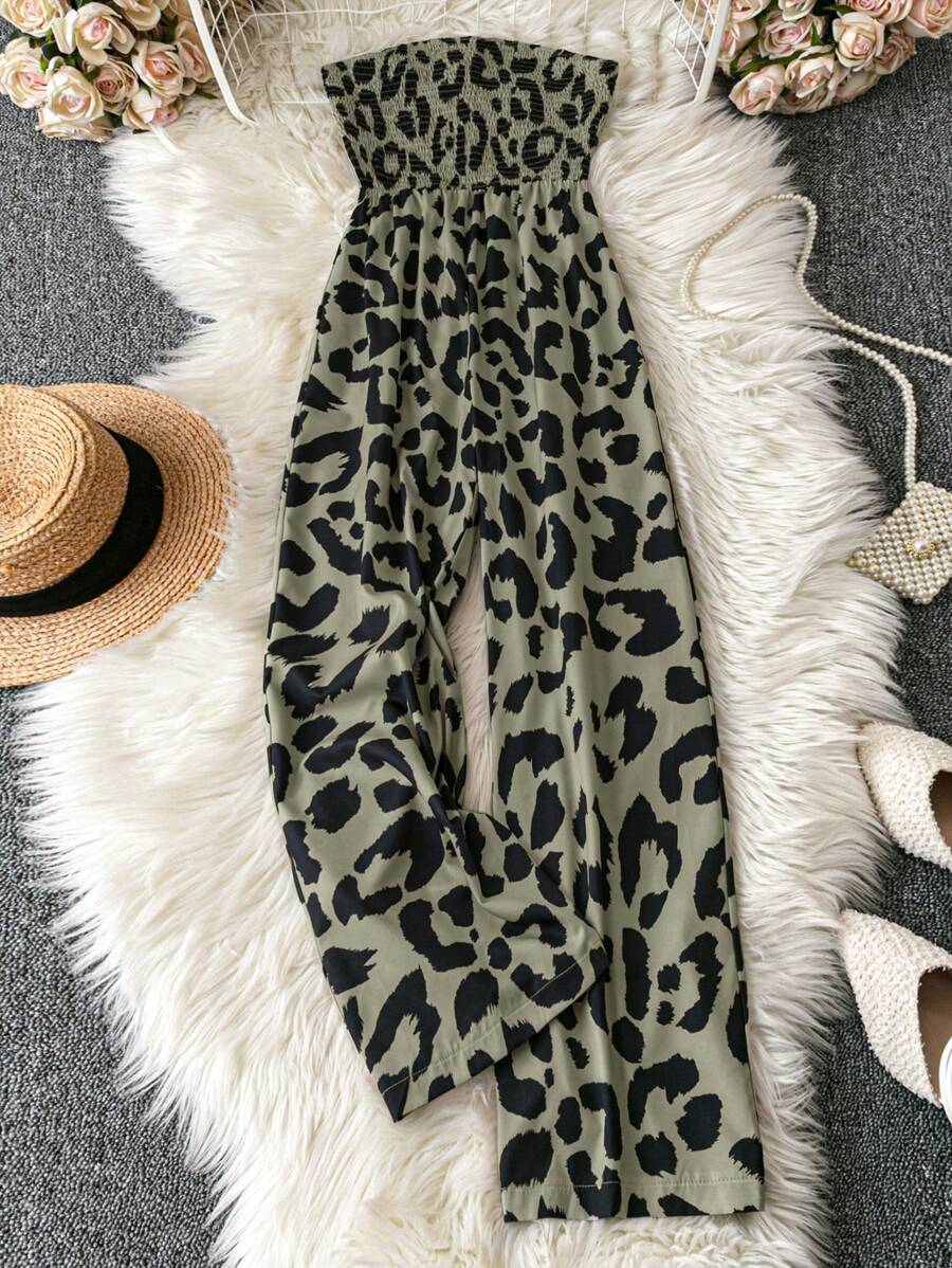 SHEIN Clasi 女士纯色抹胸豹纹休闲连体裤 - 軍綠色 - 查看 1