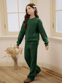 SHEIN Vintaside Kids Set de modă pentru fete 2 buc, pulover din tricot cu cablu slim-fit + pantaloni lungi cu draperie