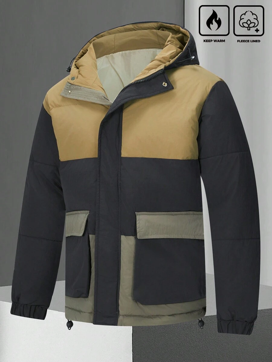 Manfinity Homme Men's Contrast Color Long Sleeve Loose Casual Hooded Padded Coat, Winter