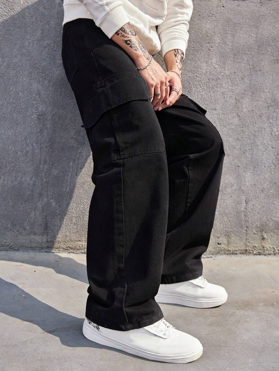 PAVTROS Pantalones de mezclilla de carga holgados con bolsillo con solapa y cordón ajustable para hombres, de algodón - Negro - Ver 1