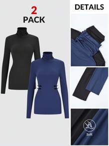 SHEIN BASICS 2 件套休闲纯色针织立领修身长袖 T 恤女款 - 彩色 - 查看 1