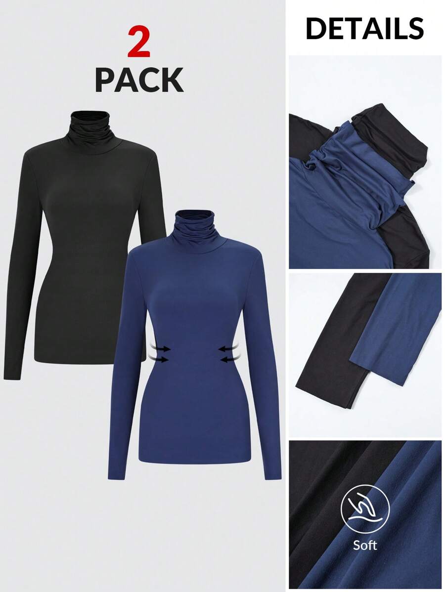 SHEIN BASICS 2 件套休闲纯色针织立领修身长袖 T 恤女款 - 彩色 - 查看 1