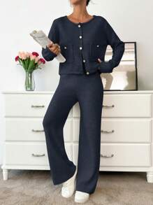 EURMUSE Women's Solid Color Long Sleeve Single Breasted Knit Sweater Cardigan And Knit Pants 2 Piece Casual Set, Autumn/Winter - Navy Blue - View 2
