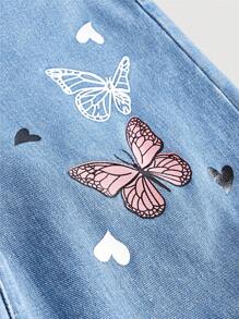 SHEIN Girlism Teen Girls' Butterfly Print Distressed Straight Loose Casual Jeans With Pockets
