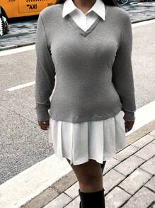 Flirla Plus Size Women Minimalist Knit Mixed Fabric Gray Pleated Dress, Versatile College Style - Grey - View 6