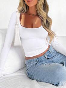 Chiquease 女性春夏實色方領長袖休閒T卹