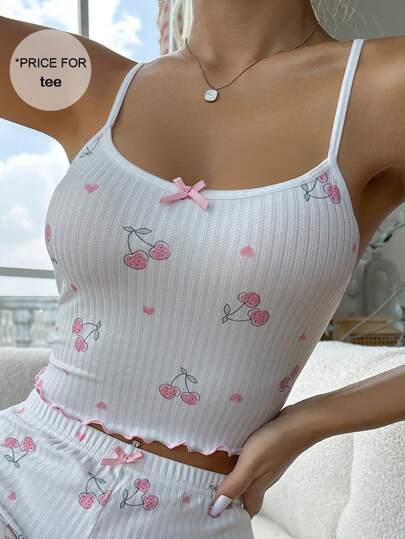 樱桃印花蝴蝶结装饰吊带睡衣上衣