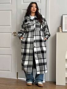 SHEIN EZwear Plus Size Front Button Long Sleeve Pocket Plaid Casual Jacket, For Winter - Black and White - View 6