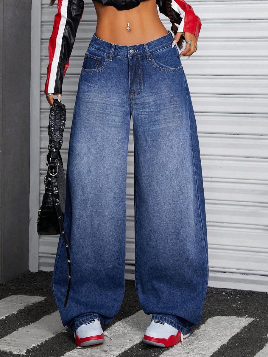 SHEIN ICON 女式简约纽扣前口袋低腰洗水牛仔裤 - 深色水洗藍 - 查看 1