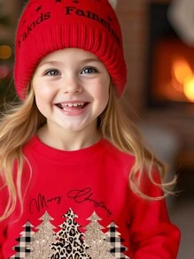 SHEIN 幼儿女孩圣诞元素针织柔软圆领套头衫休闲宽松厚毛衣，适合秋冬季 - 酒紅色 - 查看 4