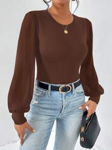 SHEIN Essnce Women Solid Color Round Neck Long Sleeve Casual Bodysuit, Slim Fit - Coffee Brown - View 5