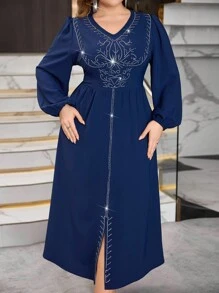 Modelyn Vestido largo elegante con cuello en V, decoración de strass y manga de farol para mujeres de talla grande. Vestido largo de noche para mujer