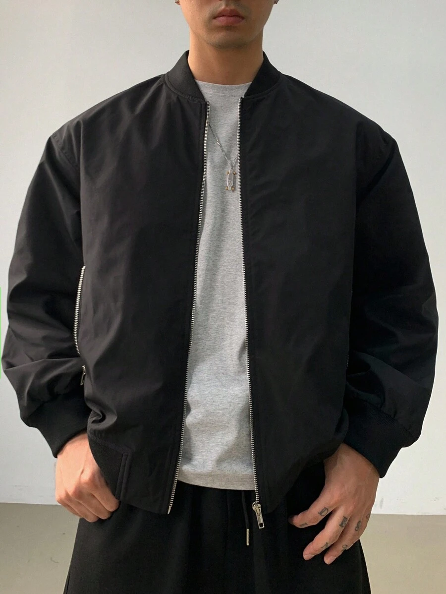 DAZY Solid Color Men's Long Sleeve Zip Front Baseball Jacket For Autumn - Black - View 1