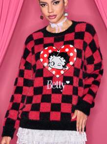 Betty Boop x SHEIN Women's Casual Cartoon Character & Heart Pattern Embroidered Dropped Shoulder Loose Checker Fluffy Knit Sweater - Black - View 3