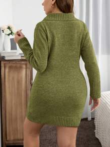 SHEIN Clasi Plus Size V-Neck Long Sleeve Button Casual Short Sweater Dress, Winter Fall Cloth For Women - Dark Green - View 2