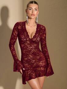 SHEIN BAE Czarna koronkowa sukienka, seksowna wieczorowa sukienka, sukienka na imprezę halloweenową, sukienka z falbaniastym dołem, sukienka z falbaniastym rękawem i asymetrycznym dołem, przezroczysta seksowna sukienka, sukienka klubowa