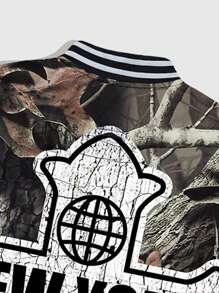 ROMWE MEN Street Life Men's Camo Branch & Letter Print Baseball Jacket, Autumn - Multicolor - View 5