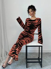 SHEIN Clasi Women's Round Neck Long Sleeve Slim Fit Casual Long Body-Hugging Waist Cinching Dress Fall Cloth For Women - Orange - View 7