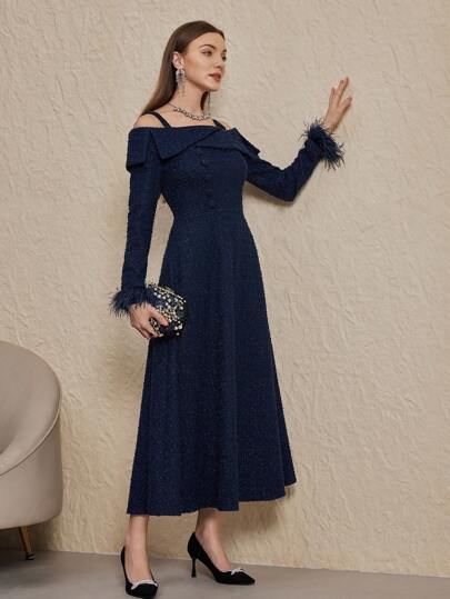 Modelyn Women's Long Sleeve Fuzzy Patchwork Casual Long Dress