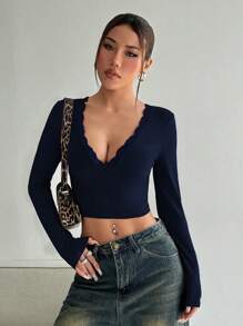 Flirla 1 pieza Blusa de mujer de unicolor con escote en V profundo, manga larga, parche de encaje, ajustada y corta, con estampado de guepardo para atuendo de primavera