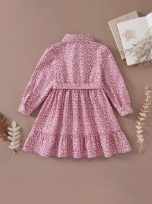 PrepCrw Young Girls Elegant Ditsy Floral A-Line Waist Cinching Collared Dress, Suitable For Spring & Autumn
