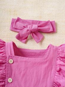 SHEIN 嬰兒女寶寶素色荷葉邊連體褲配頭箍，適用於春夏日常休閒、可愛、時尚穿搭 - 玫紅色 - 查看 3