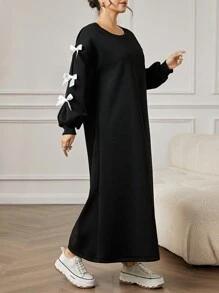 Mulvari 女士圆领长袖蝴蝶结装饰休闲运动衫 - 黑色 - 查看 2