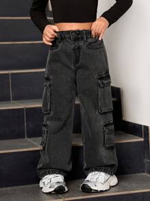 SHEIN Explorewe 年轻女孩复古风格实用工装口袋休闲舒适百搭宽松牛仔裤