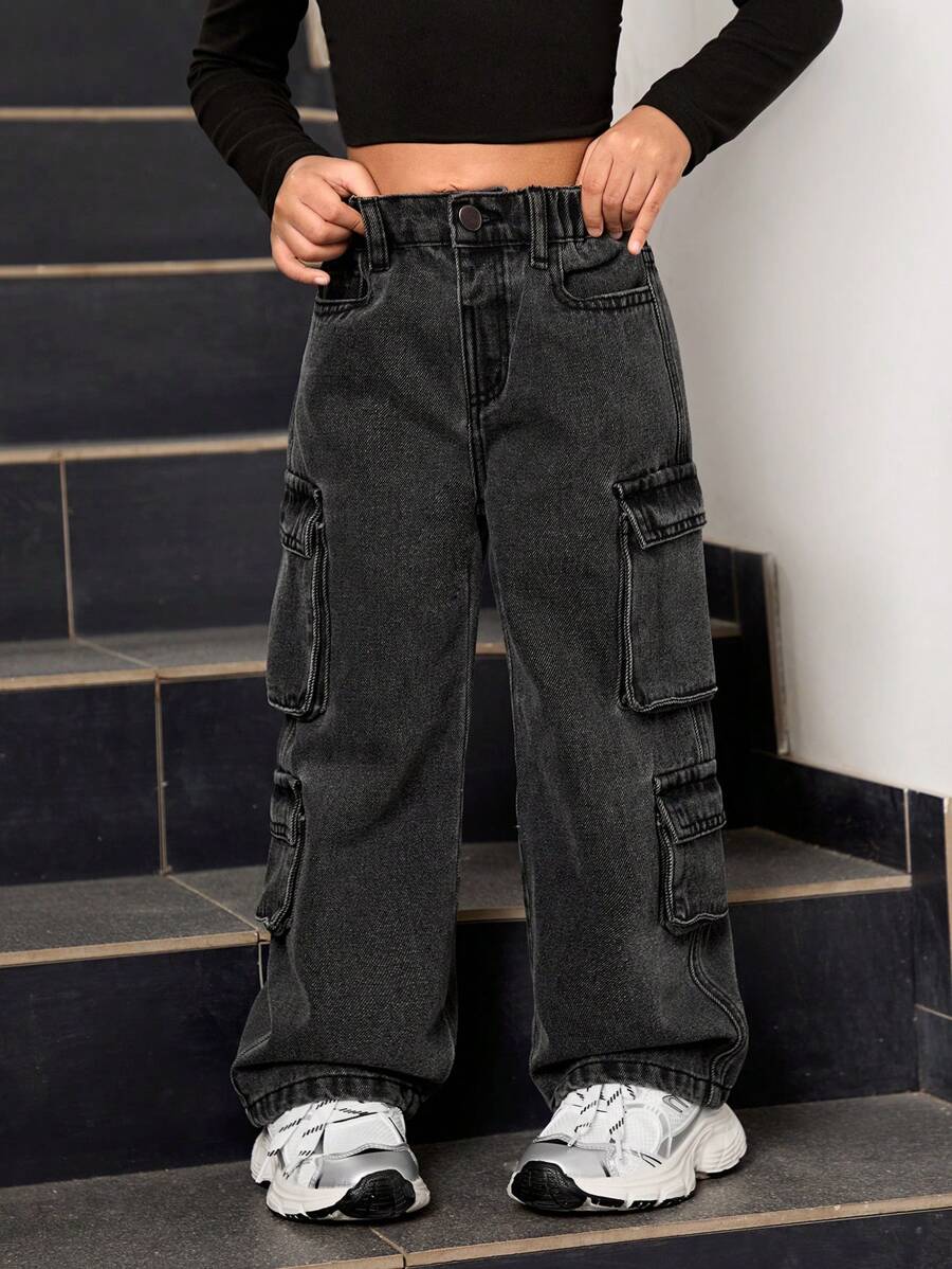 SHEIN Explorewe 年轻女孩复古风格实用工装口袋休闲舒适百搭宽松牛仔裤