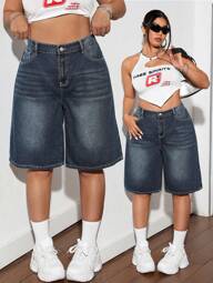 Dripcurv Blue Plus Size Denim Shorts Street Sexy Loose Pants Y2k Diagonal Pocket Denim Capris