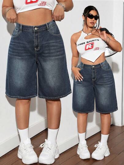 Dripcurv Blue Plus Size Denim Shorts Street Sexy Loose Pants Y2k Diagonal Pocket Denim Capris