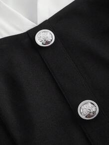 SHEIN MOD 女士黑白优雅衬衫配腰带，女士衬衫，新年女装，优雅女士，商务休闲女士，外出上衣 - 黑與白 - 查看 3