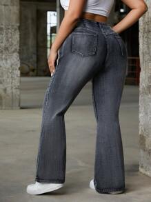 SHEIN ICON Y2K Streetwear Washed Elastic Denim Flare Pants - Dark Grey - View 2