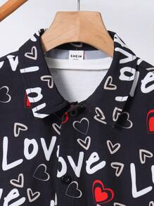SHEIN Leap Crew Kids/Tween Boys' Casual Street Style Letter Full Print Pattern Turndown Collar Button-Down Short Sleeve Woven Shirt, Spring Valentine's Day Heart - Multicolor - View 5