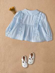 SHEIN 女童法式甜美长袖荷叶边罩衫 - 淺藍色 - 查看 2