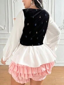Flirla Plus Size Women Bow Decor Eyelet Floral Print Sweetheart Neck Sleeveless Top - Black - View 2