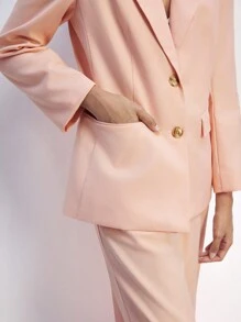 Maija Women's Apricot Turn-Down Collar Button Down Long Sleeve Suit Jacket With Padded Shoulders Front Pocket, Fashion Versatile For Casual, Commute, Valentine's Day Party - Pink - View 6