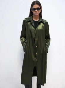 Maija 女士深绿色缎面斜纹时尚纽扣前口袋百搭长袖圣诞休闲节日夹克，常规版型 - 墨綠色 - 查看 5