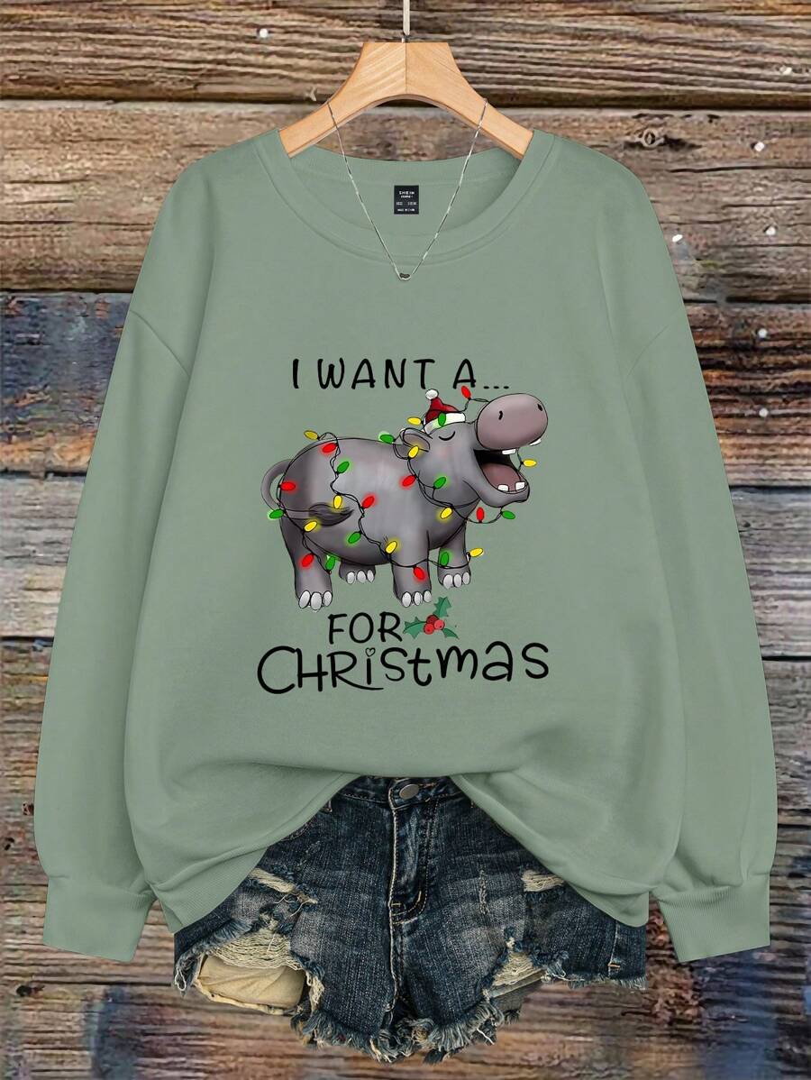 SHEIN CURVE+ 大码女式圆领运动衫 圣诞口号和大象图案圆领运动衫，圣诞运动衫，秋冬 - 綠色 - 查看 1