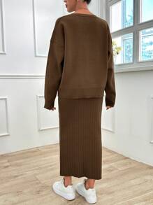 RueChic Casual Oversize V-hals Flare Mouw Trui & Maxi Rib Breiwerk Trui Rok 2-delige Set